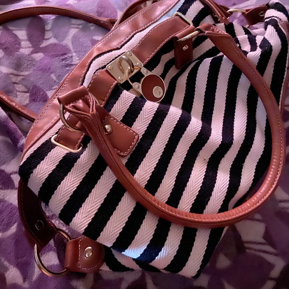 Black/white stripe canvas faux leather handbag - Picture 1 of 5
